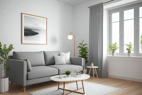 Mockup frame in scandinavian farmhouse living room interior  3d render