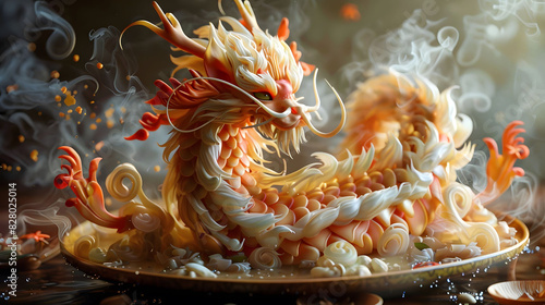 playfully sculpted noodle dragon on a ceramic plate