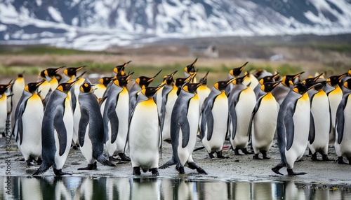 King penguin making way through a group of penguins