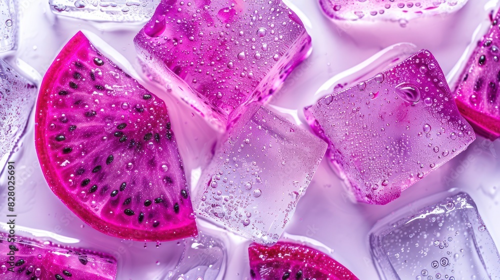 In a glass of sparkling water, dragon fruit slices and ice cubes create a refreshing summer drink In a glass of sparkling water, dragon fruit slices and ice cubes create a refreshing summer drink