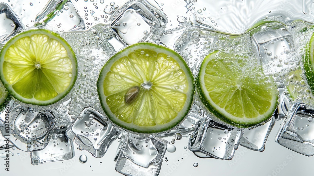 Sparkling water with lime slices and ice cubes, cool and invigorating beverage Sparkling water with lime slices and ice cubes, cool and invigorating beverage