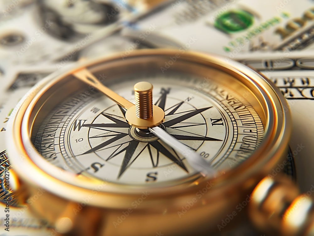 A compass pointing towards dollar bills, symbolizing financial management and goal setting for wealth building - Generative AI A compass pointing towards dollar bills, symbolizing financial management and goal setting for wealth building - Generative AI