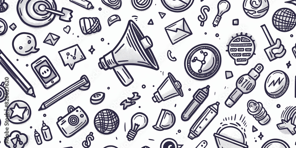 Detailed Marketing Doodle Design Featuring Charts, Target Icons, and Dollar Signs in Playful Patterns Detailed Marketing Doodle Design Featuring Charts, Target Icons, and Dollar Signs in Playful Patterns