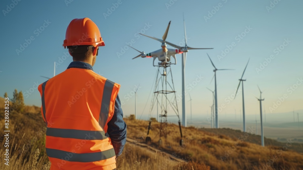 Skilled civil engineer with safety helmet exploring and inspecting area with wind mill by using drone. Engineer using innovation technology to control drone to survey landscape. Technology. AIG42.