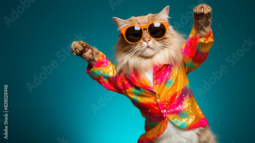 Cat wearing colorful clothes and sunglasses dancing against the green backdrop, creating a fun and energetic scene.