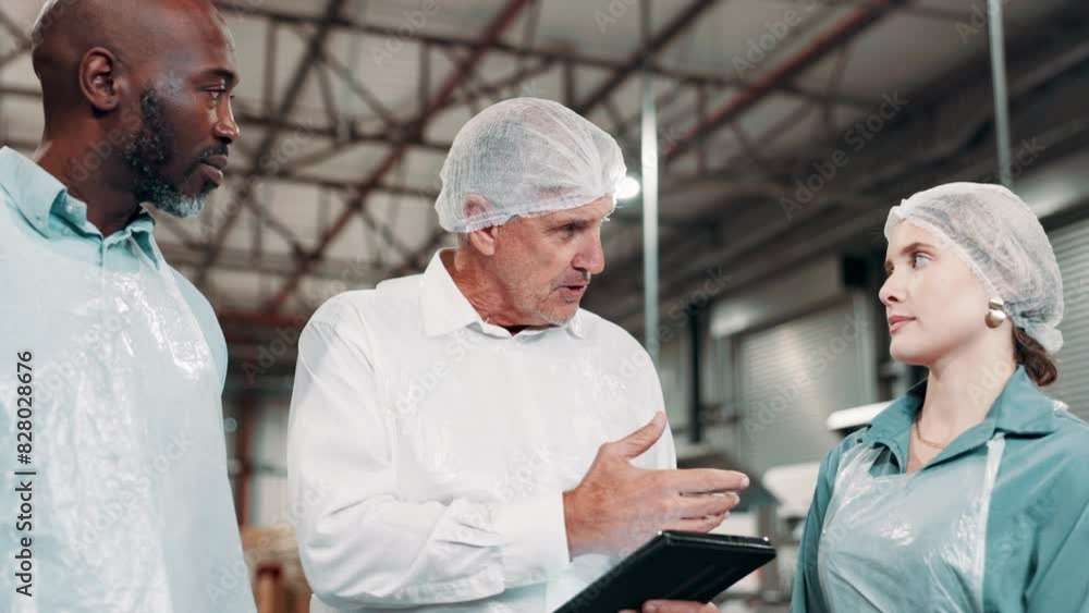 Shipping, team and manager with tablet in warehouse for inspection, production or distribution. Discussion, factory and mature man with industrial employees for logistics, export or supply chain Shipping, team and manager with tablet in warehouse for inspection, production or distribution. Discussion, factory and mature man with industrial employees for logistics, export or supply chain
