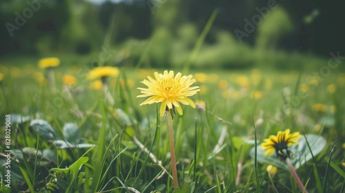 Yellow flower of dandelion above a green meadow
