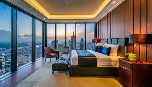 Luxury penthouse hotel room with stylish  chic  and modern interior design. Stunning city