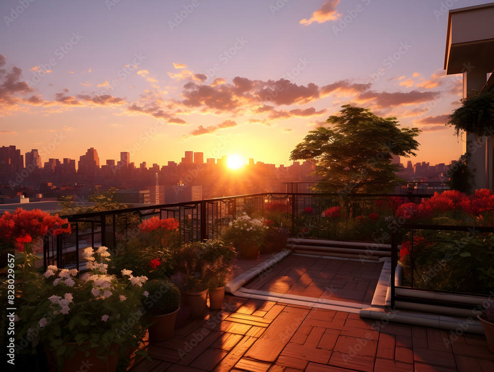 Sunset on rooftop garden, Rooftop garden afternoon view, garden corner on rooftop in an afternoon sunset