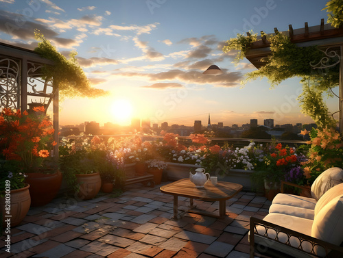 Wallpaper Mural Sunset on rooftop garden, Rooftop garden afternoon view, garden corner on rooftop in an afternoon sunset Torontodigital.ca