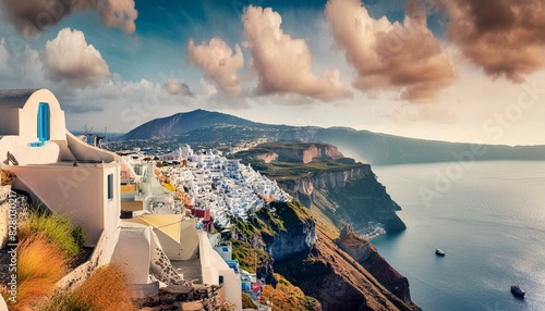 Great evening view of Santorini island. Picturesque spring sunset on the famous Greek resort