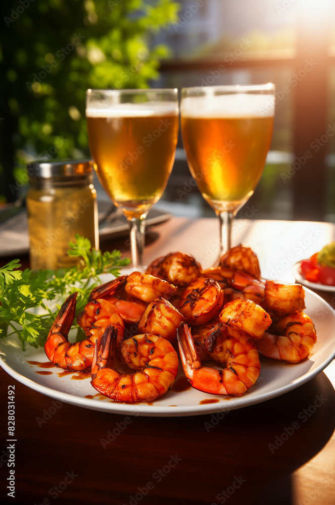 Delicious grilled Cajun shrimp on a plate served with two glasses of beer on an outdoor patio setting, perfect for a relaxing meal.