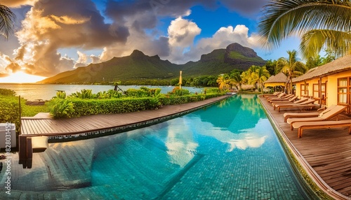 Luxury tropical vacation.Spa swimming pool  Mauritius island