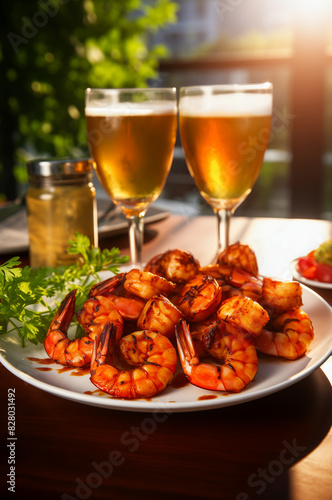 Delicious grilled Cajun shrimp on a plate served with two glasses of beer on an outdoor patio setting  perfect for a relaxing meal.