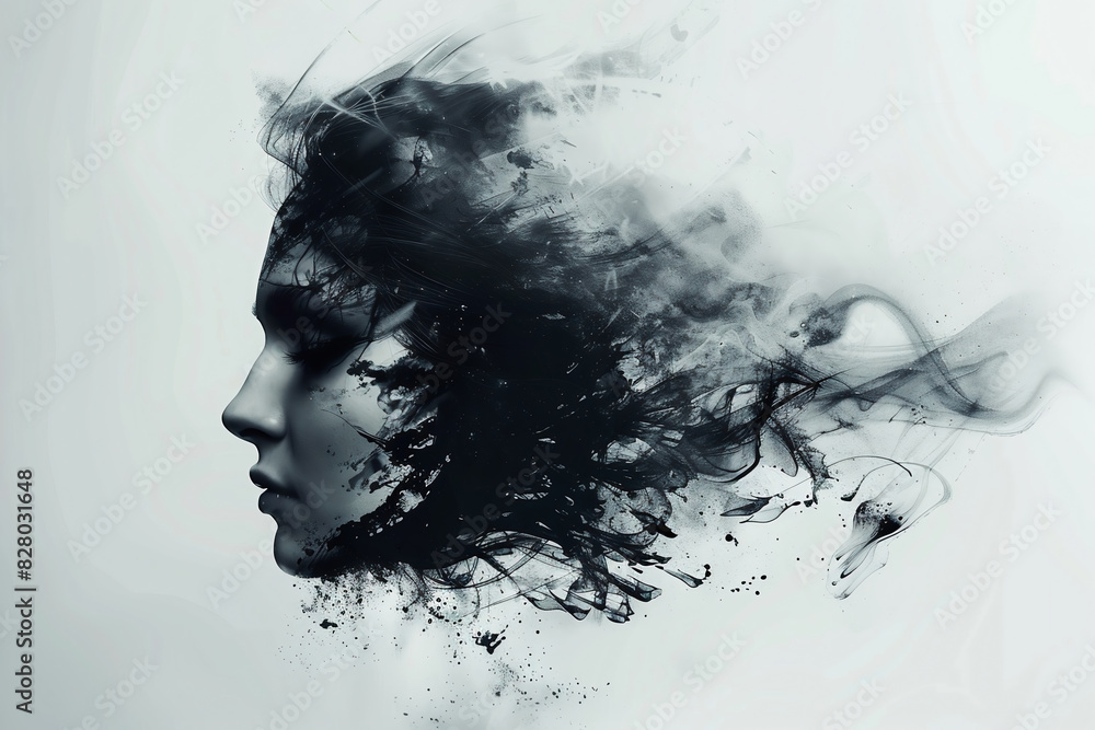 Abstract double exposure portrait of woman with hair made from digital particles and smoke on white background, inspired by the style of ink wash painting Abstract double exposure portrait of woman with hair made from digital particles and smoke on white background, inspired by the style of ink wash painting