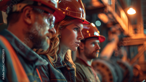 Focused group of engineers with hard hats examining machinery in an industrial setting.