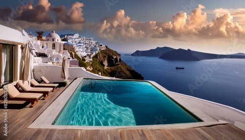 luxury swimming pool in santorini. 3d rendering  Ai generative