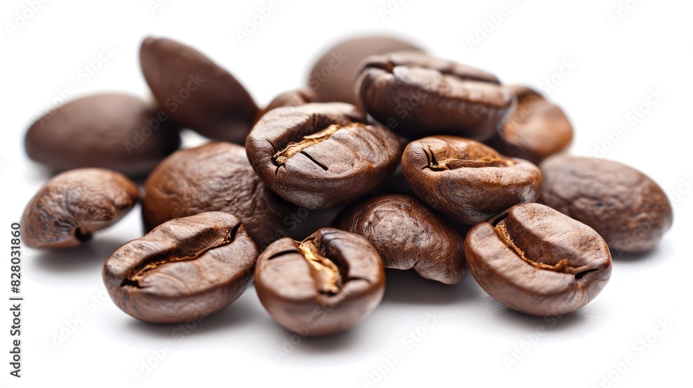 Coffee beans that have been roasted set apart against a white backdrop Coffee beans that have been roasted set apart against a white backdrop