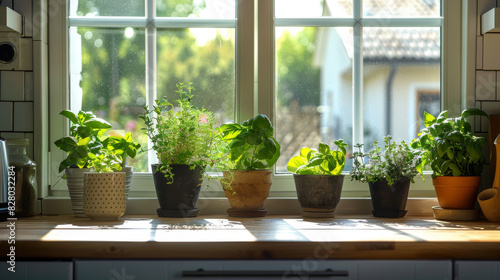 Line of assorted potted herbs on a kitchen counter bathed in natural sunlight from a window.