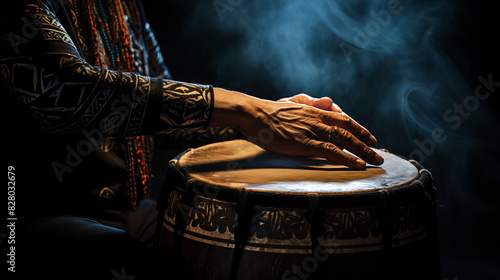 A shaman’s hand striking a shamanic drum in the darkness photo