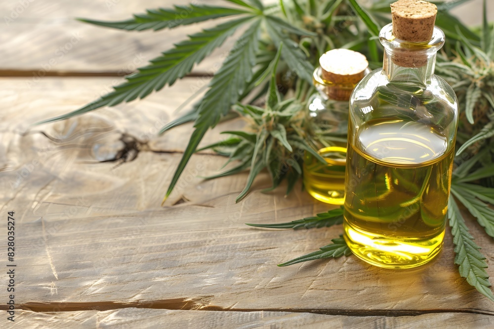 Cannabis herb and leaves with oil extracts in jars. medical concept Cannabis herb and leaves with oil extracts in jars. medical concept