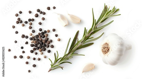 Garlic peppercorns and rosemary isolated on a white background