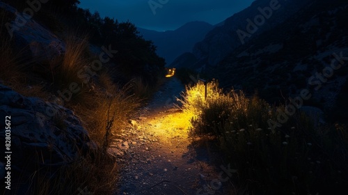 A dark mountain trail now safely lit by solarpowered streetlights blending in with the natural surroundings.