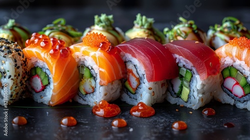 Artistic arrangement of sushi rolls including California rolls, dragon rolls, and spicy tuna rolls on a black background. Each roll is in sharp focus with vibrant colors. High quality. Photorealism.