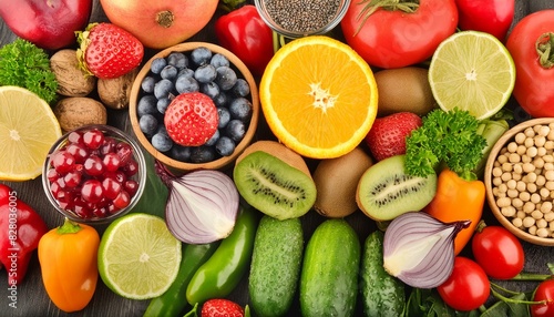 Background of fruits  vegetables and berries. Fresh food