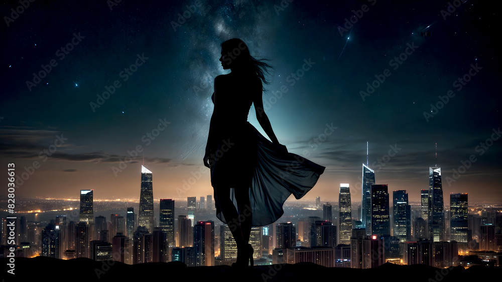 A silhouette of a woman in a dress with a full moon and a starry night ...
