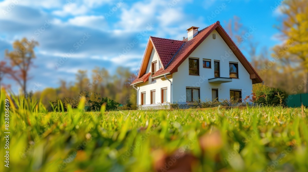 Exterior view of house with green grass.Home For Sale,Rent,Housing and Real Estate concept. Exterior view of house with green grass.Home For Sale,Rent,Housing and Real Estate concept.