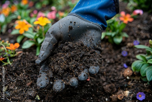 Gloved Hands Preparing Soil in Blooming Flower Garden photo