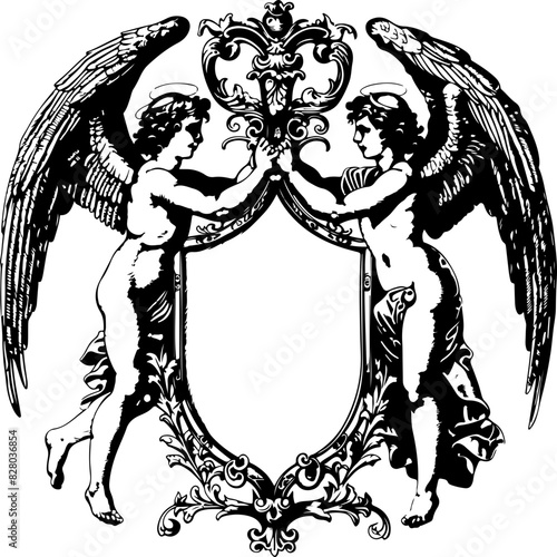 Ornate Crest with Two Winged Angels in Black and White