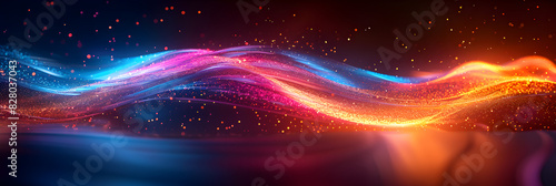 Colorful vibrant neon light stripes and dots, illuminated modern light waves, luminous lighttail stripes on a dark moody background, futuristic design, modern elegant light art