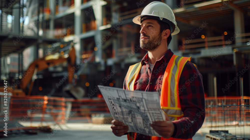 A male construction worker examines building plans attentively on a busy construction site. A male construction worker examines building plans attentively on a busy construction site.