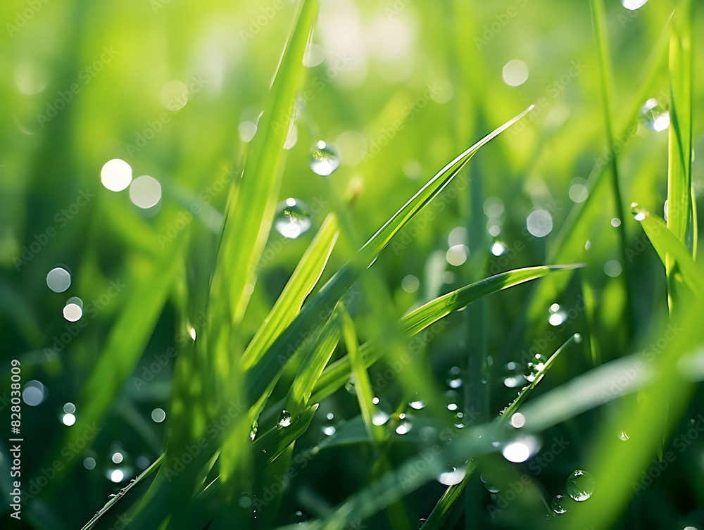 Fototapeta premium Juicy lush green grass on meadow with drops of water dew in morning light in spring summer outdoors close-up macro, panorama. Beautiful artistic image of purity and freshness of nature, copy space.