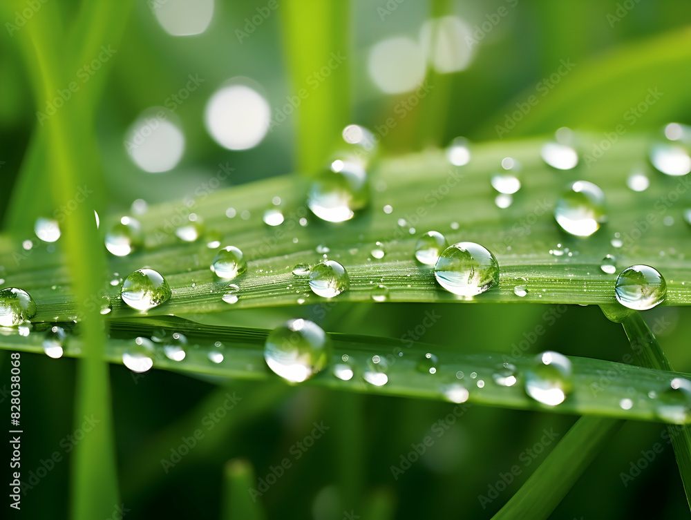 Juicy lush green grass on meadow with drops of water dew in morning light in spring summer outdoors close-up macro, panorama. Beautiful artistic image of purity and freshness of nature, copy space. Juicy lush green grass on meadow with drops of water dew in morning light in spring summer outdoors close-up macro, panorama. Beautiful artistic image of purity and freshness of nature, copy space.