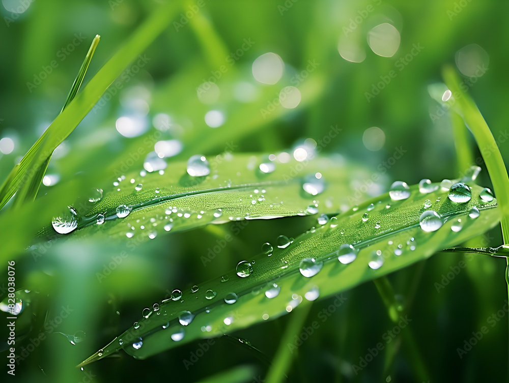 Juicy lush green grass on meadow with drops of water dew in morning light in spring summer outdoors close-up macro, panorama. Beautiful artistic image of purity and freshness of nature, copy space. Juicy lush green grass on meadow with drops of water dew in morning light in spring summer outdoors close-up macro, panorama. Beautiful artistic image of purity and freshness of nature, copy space.