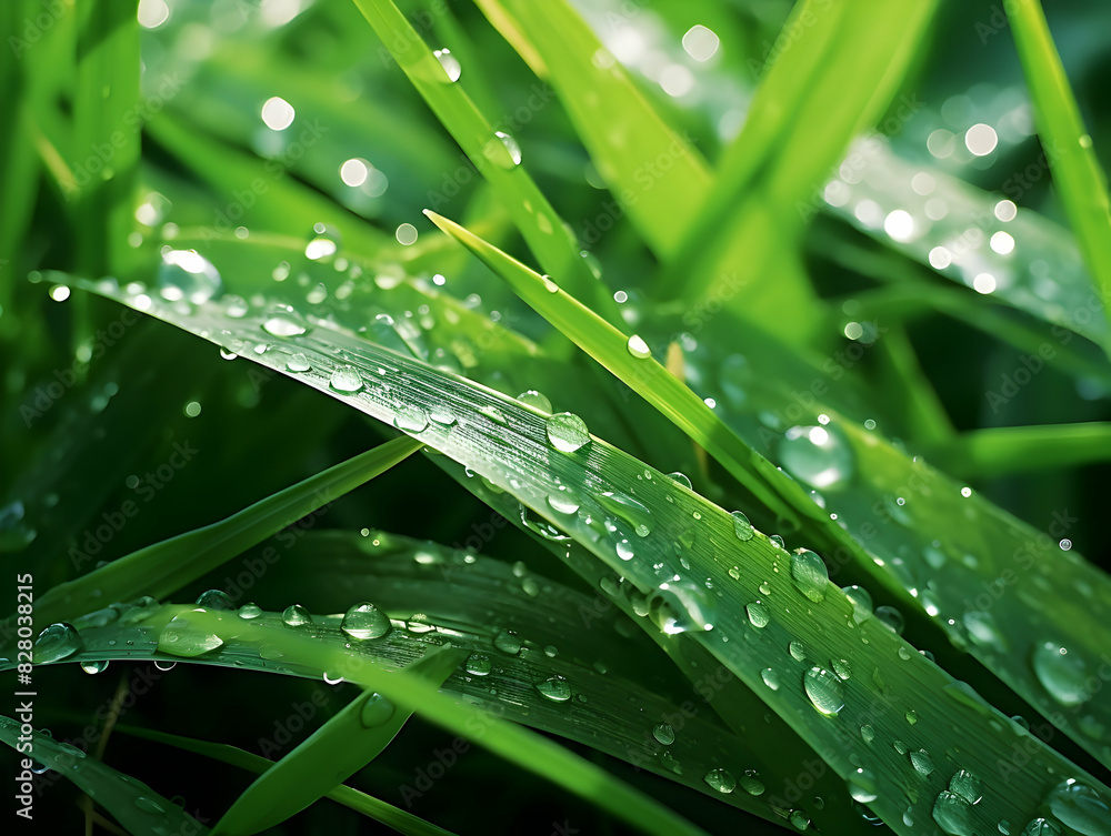 Naklejka premium Juicy lush green grass on meadow with drops of water dew in morning light in spring summer outdoors close-up macro, panorama. Beautiful artistic image of purity and freshness of nature, copy space.
