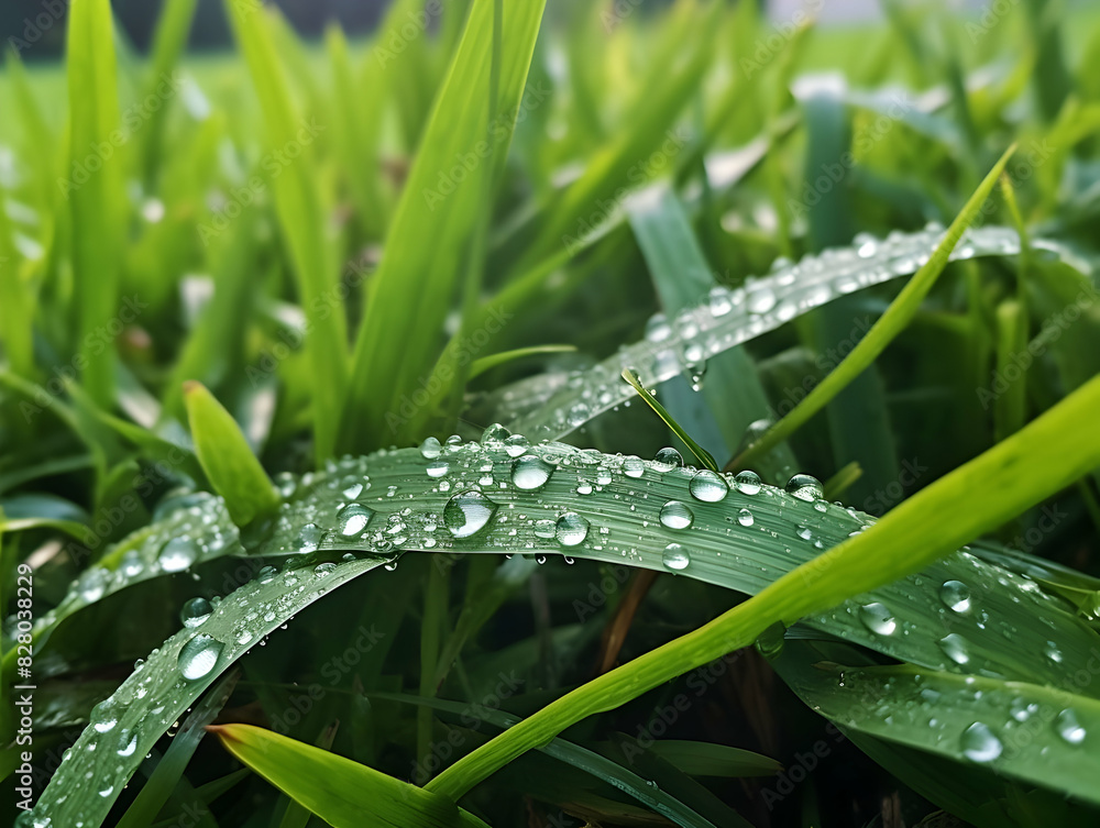 Naklejka premium Juicy lush green grass on meadow with drops of water dew in morning light in spring summer outdoors close-up macro, panorama. Beautiful artistic image of purity and freshness of nature, copy space.