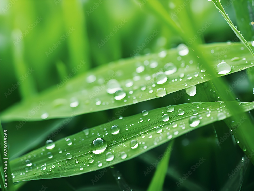 Juicy lush green grass on meadow with drops of water dew in morning light in spring summer outdoors close-up macro, panorama. Beautiful artistic image of purity and freshness of nature, copy space. Juicy lush green grass on meadow with drops of water dew in morning light in spring summer outdoors close-up macro, panorama. Beautiful artistic image of purity and freshness of nature, copy space.