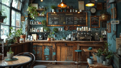 A cozy and rustic coffee shop with a welcoming interior that features wooden furnishings  plants  and a detailed menu board on the wall  providing a perfect spot for relaxation and socializing