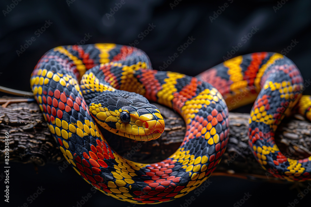 A vibrant snake with colorful scales is perched on a tree branch A vibrant snake with colorful scales is perched on a tree branch