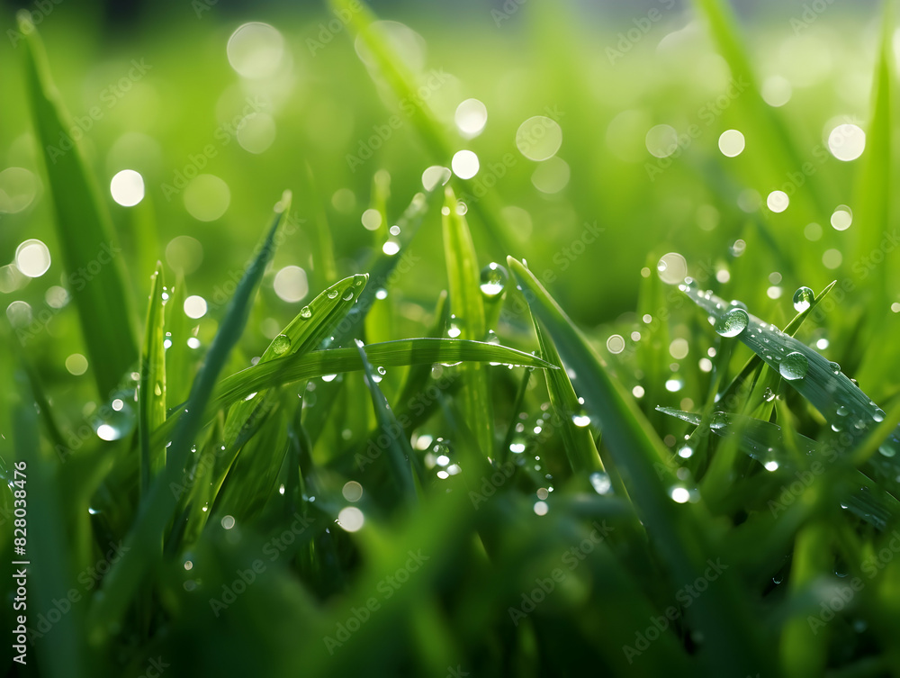 Juicy lush green grass on meadow with drops of water dew in morning light in spring summer outdoors close-up macro, panorama. Beautiful artistic image of purity and freshness of nature, copy space. Juicy lush green grass on meadow with drops of water dew in morning light in spring summer outdoors close-up macro, panorama. Beautiful artistic image of purity and freshness of nature, copy space.