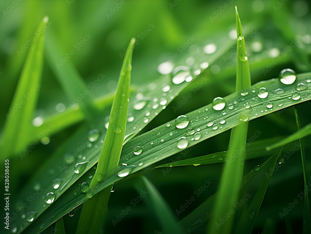 Naklejka premium Juicy lush green grass on meadow with drops of water dew in morning light in spring summer outdoors close-up macro, panorama. Beautiful artistic image of purity and freshness of nature, copy space.