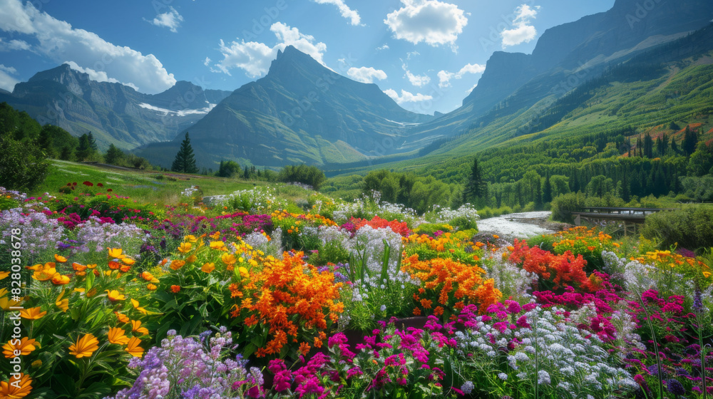 Fototapeta premium A stunning display of colorful wildflowers with a majestic mountain range in the background.
