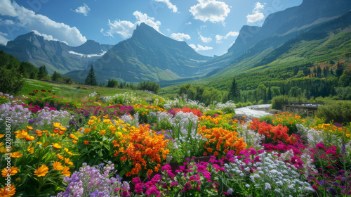A stunning display of colorful wildflowers with a majestic mountain range in the background.