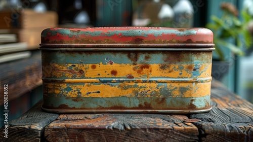 Close-up of a Vintage, Rusty, Multi-Colored Metal Box with Weathered Paint and Textural Details, Sitting on a Wooden Surface