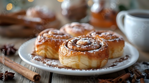 Delicious cinnamon rolls dusted with powdered sugar, served on a plate with a cup of coffee in a cozy setting, perfect for food blogs, bakery promotions, and breakfast menus.
