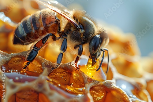 Close-up of a honeybee on a honeycomb, symbolizing pollination, nature, and agriculture, perfect for educational materials, environmental projects, and agricultural promotions.